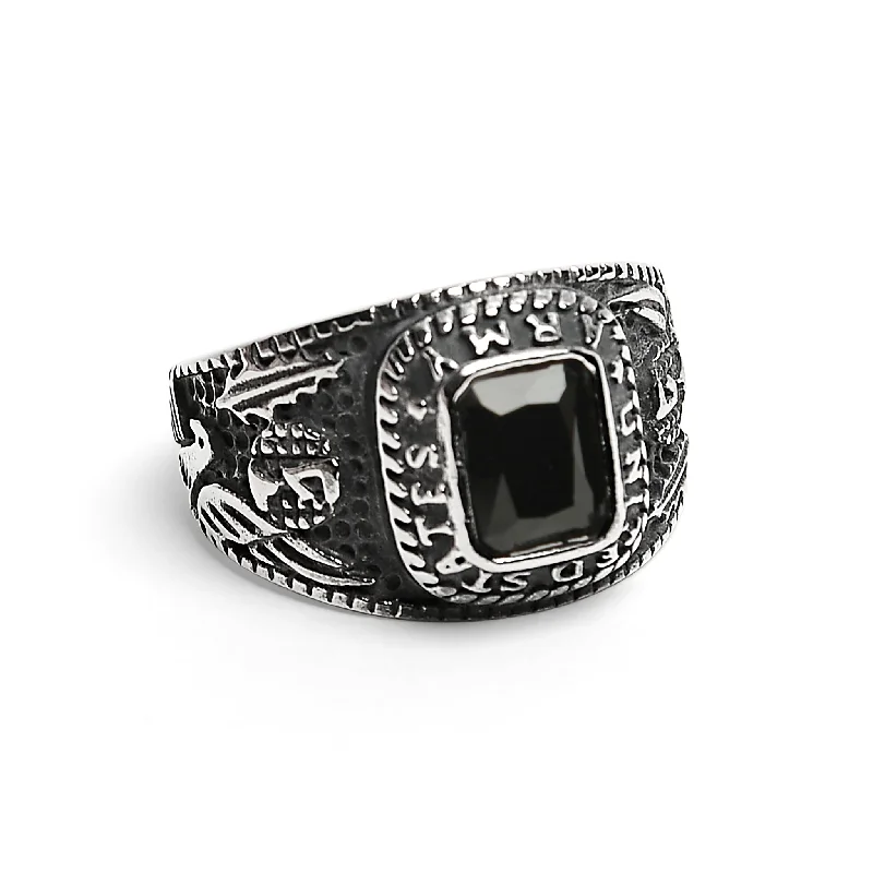 United States Army Stainless Steel With Black Center Stone Women's Ring / MCR4056