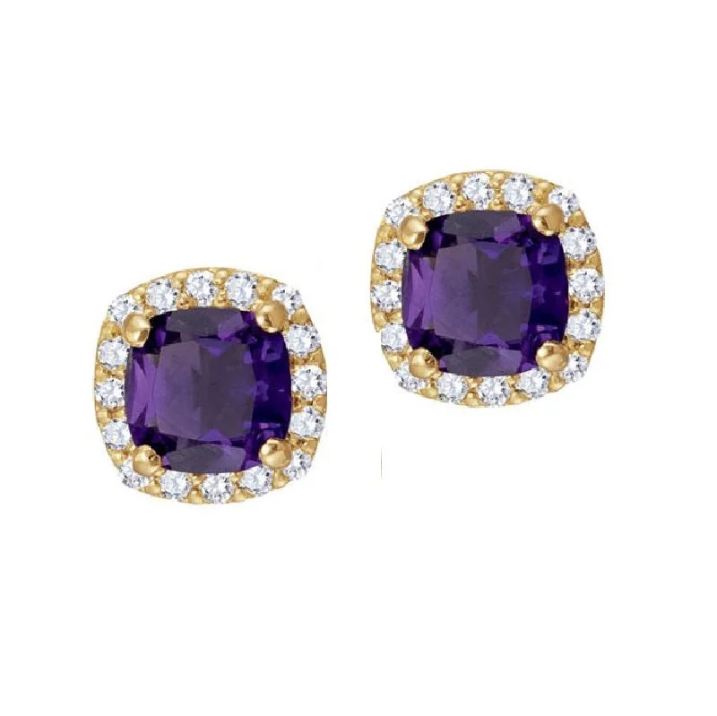 5MM Cushion Amethyst and White Sapphire Birthstone Halo Stud Earrings in 10KT Yellow Gold