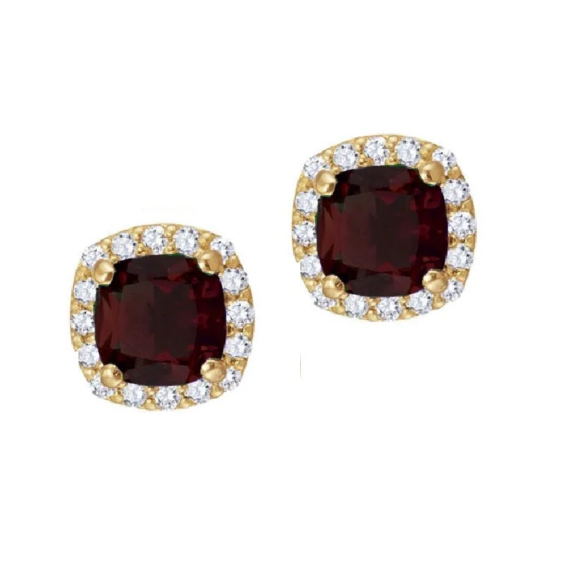 5MM Cushion Garnet and White Sapphire Birthstone Halo Stud Earrings in 10KT Yellow Gold