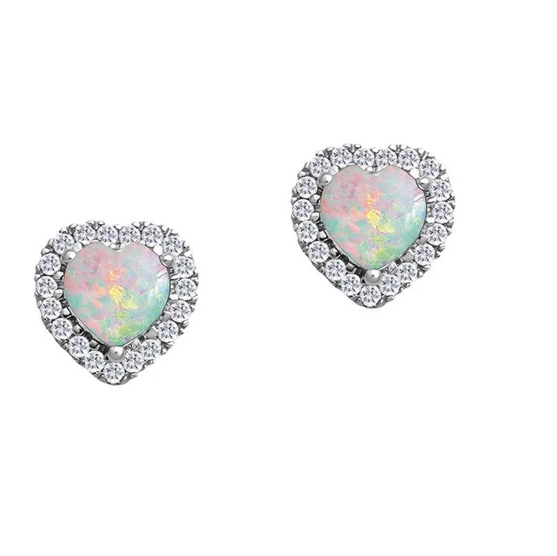 5MM Heart Shape Opal and White Sapphire Birthstone Halo Stud Earrings in 10KT White Gold