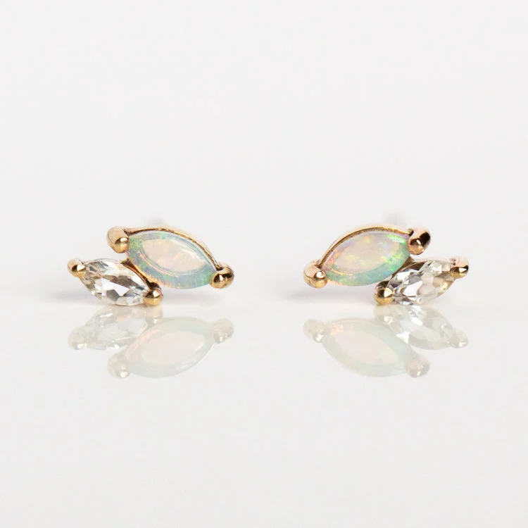 Solid Gold Opal and White Topaz Marquise Studs