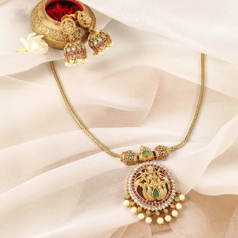 22K Gold-Plated Ruby, Emerald & CZ Studded Laxmi Temple Necklace Set with Pearl Drop