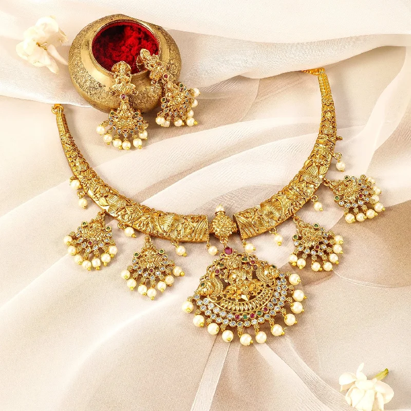 22K Gold-Plated Ruby, Emerald & CZ Studded Pearl Drops Lakshmi Temple Necklace Set