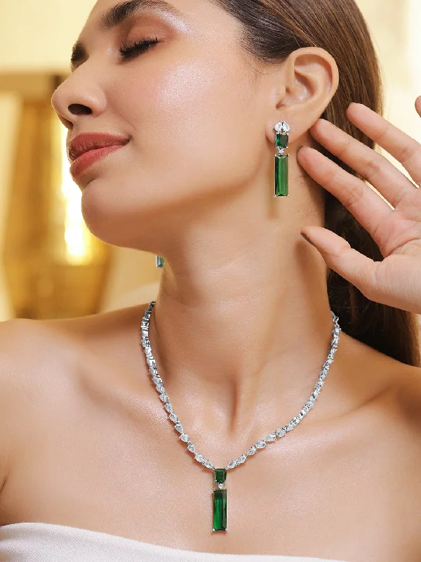 Rhodium Plated Emerald Green and White Cubic Zirconia Studded Statement Necklace Set