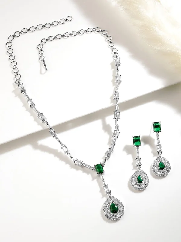 Rhodium Plated Emerald Teardrop Pendant Necklace Set with AD & Cubic Zirconia Studded