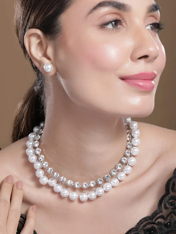 Rhodium Plated Luxurious Pearl & Zirconia Studded Statement Necklace Set