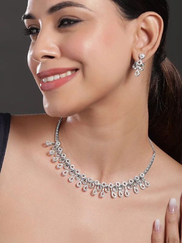 Rubans Rhodium-Plated White Cubic Zirconia Studded Teardrop Necklace Set