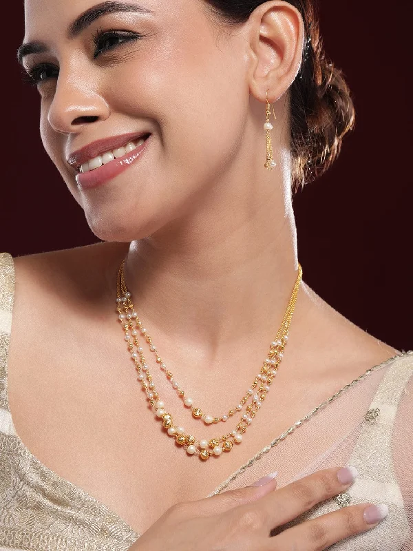 Rubans 18K Gold-Plated Multilayer Pearl Beaded Necklace Set with Matching Earrings