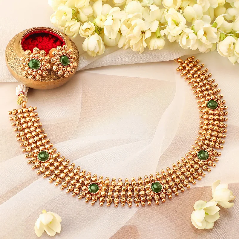 Rubans 22K Gold-Plated Emerald Green Studded Traditional Choker Necklace Set with Gold Beads