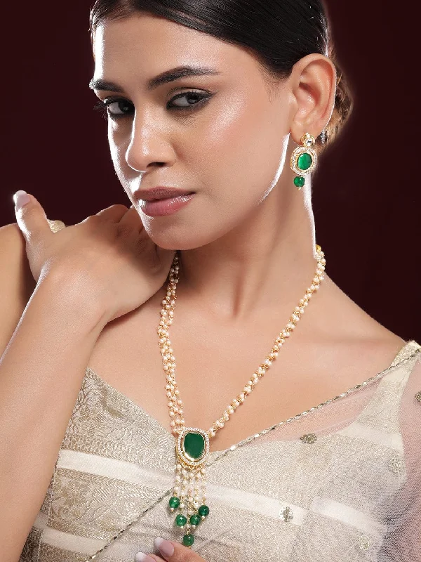 Rubans 22K Gold-Plated Green Onyx & Pearl Beaded Layered Necklace Set  with Cubiz Zicronia Accents