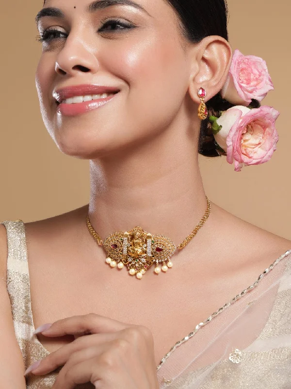 Rubans 22K Gold-Plated Ruby Pink, Emerald, and Cubic Zirconia Studded Lakshmi Temple Choker Necklace Set