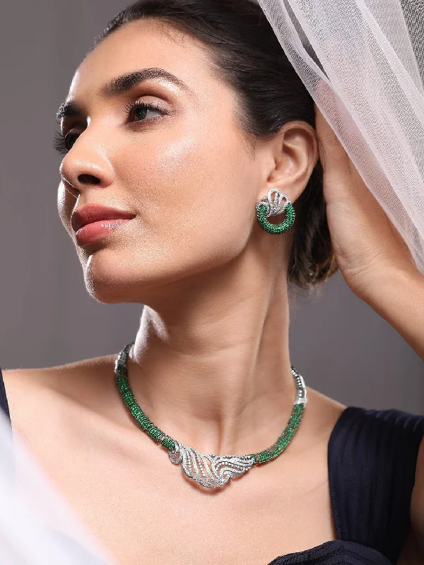 Rubans Silver-Plated Emerald Green & AAA Cubic Zirconia Statement Necklace Set with Artistic Wave Design