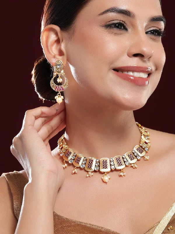 Rubans 24K Gold-Plated Kundan -Studded & Beaded Rectangle Motif Necklace and Earrings