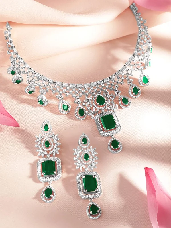 Rubans Rhodium-Plated Cubic Zirconia Studded Emerald Necklace and Earrings