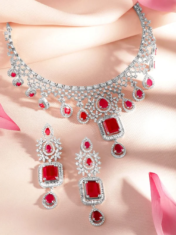 Rubans Rhodium-Plated Cubic Zirconia Studded Necklace and Earrings