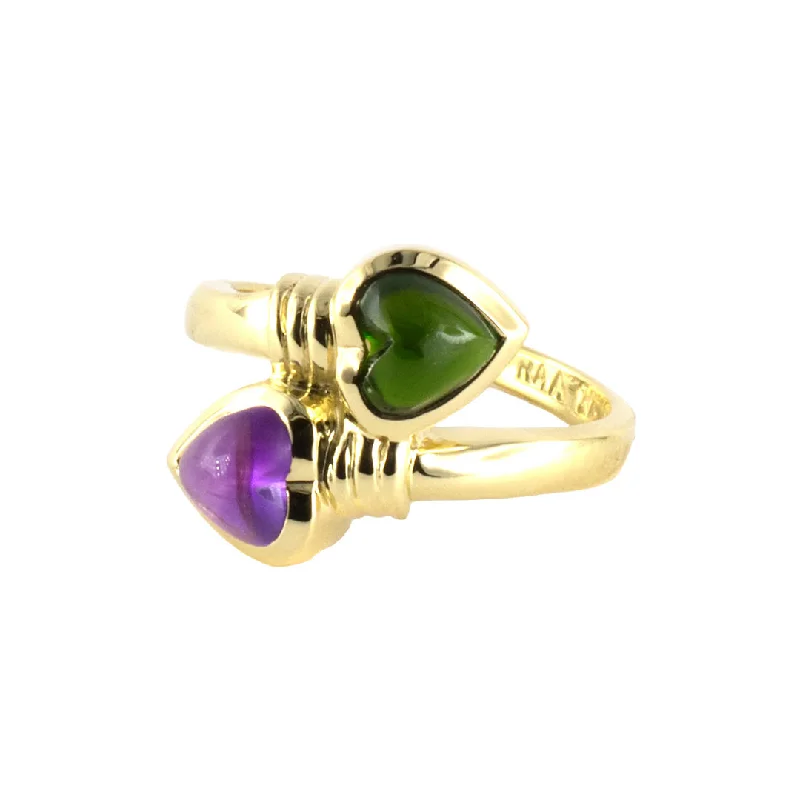 Green Tourmaline & Amethyst Heart Bypass Ring