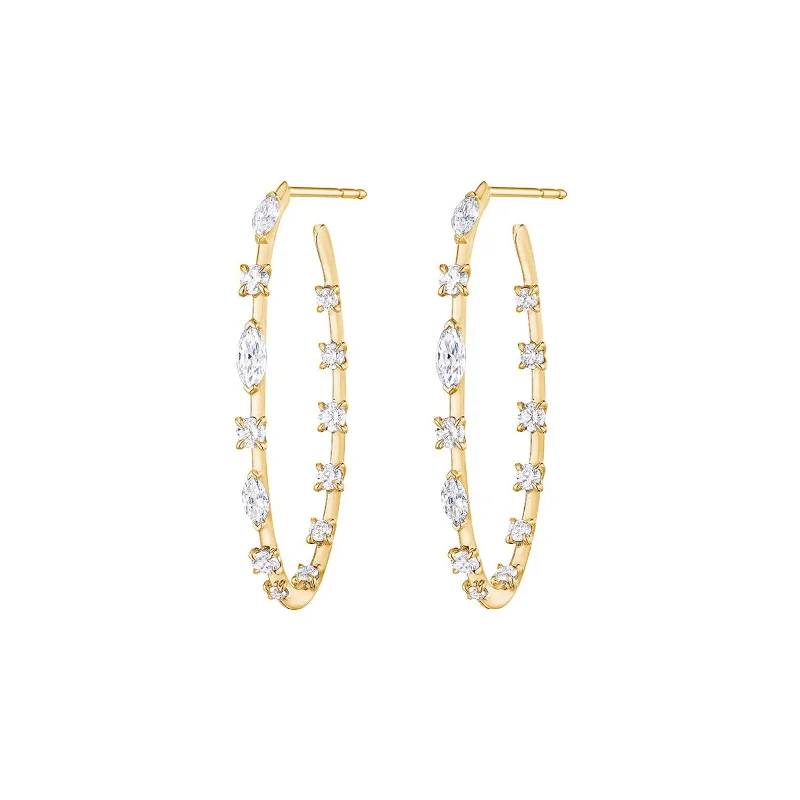 Hoop Earrings with Round and Marquise Diamonds - Yellow Gold