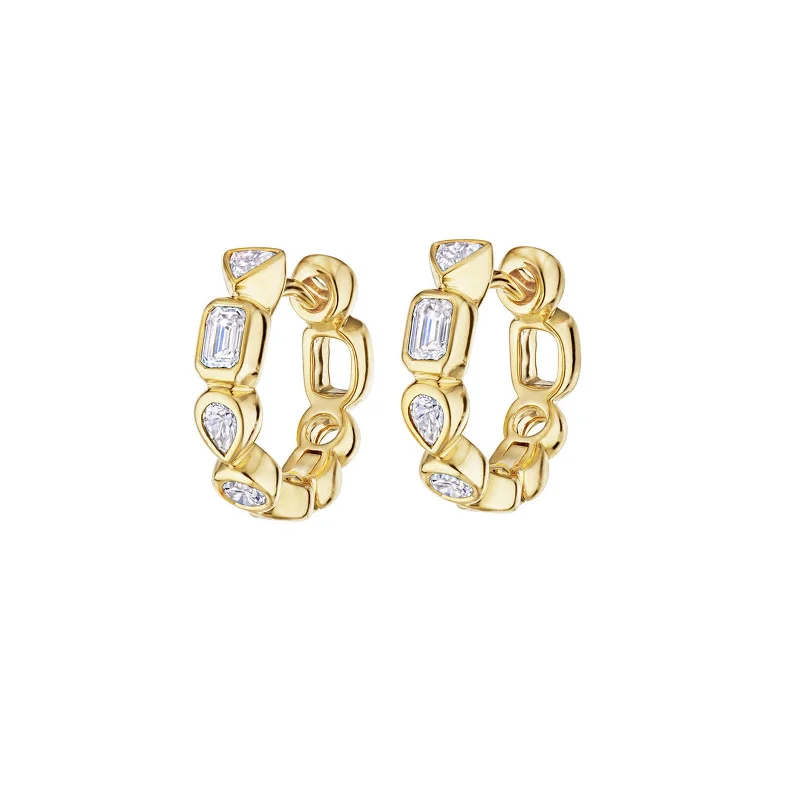 Petite Hoop Earrings with Mixed Shape Diamonds - Yellow Gold