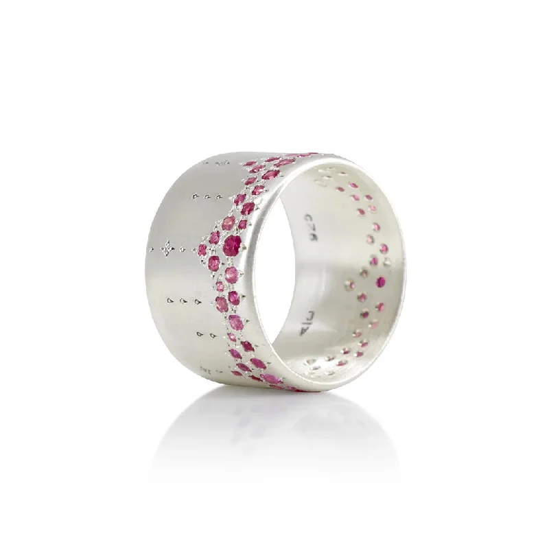 Wide Silver Band with Ruby & Pink Sapphire Horizon